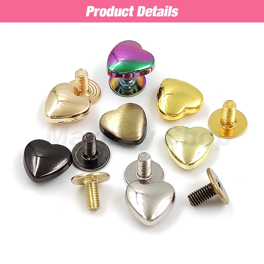 10Set 10/14mm Heart Shape Metal Screwback Rivet Screw Studs Nail For Leathercarft Decoration Garment Belt Wallet Bag Accessories