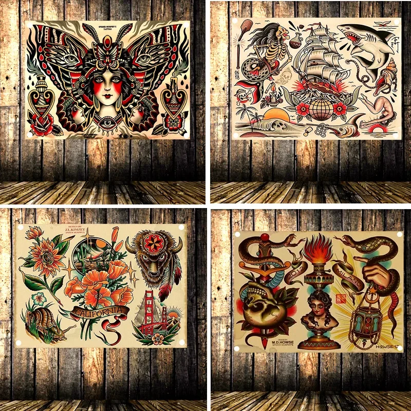 Retro Tattoo Poster Banner Flag Tapestry Wall Stickers Canvas Painting Wall Hanging Cloth Art Bar Cafe Barber Shop Home Decor A1