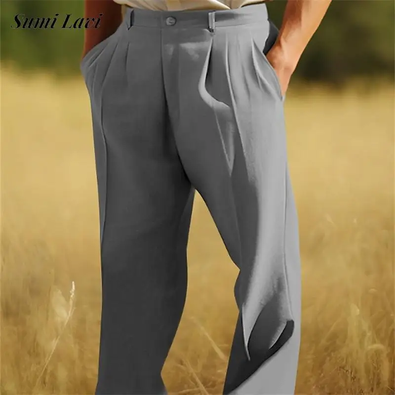 

Daily Casual Pants Mens Cotton Linen Breathable Comfortable Thin Trousers Autumn Vintage Pure Color Loose Straight Pants For Men