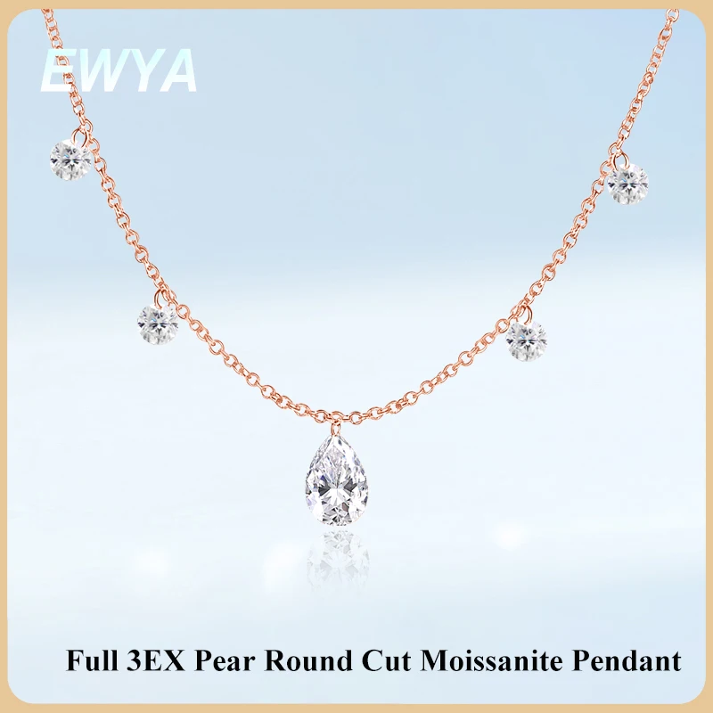 

EWYA 5-Stone All 3EX Pear Round Cut Moissanite Pendant Necklace s925 Silver Dainty Teardrop Lab Diamond Neck Chain Women Gift