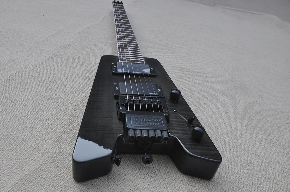 Black Headless Electric Guitar with Flame Maple Veneer,24 Frets,Customized Logo/Color Available