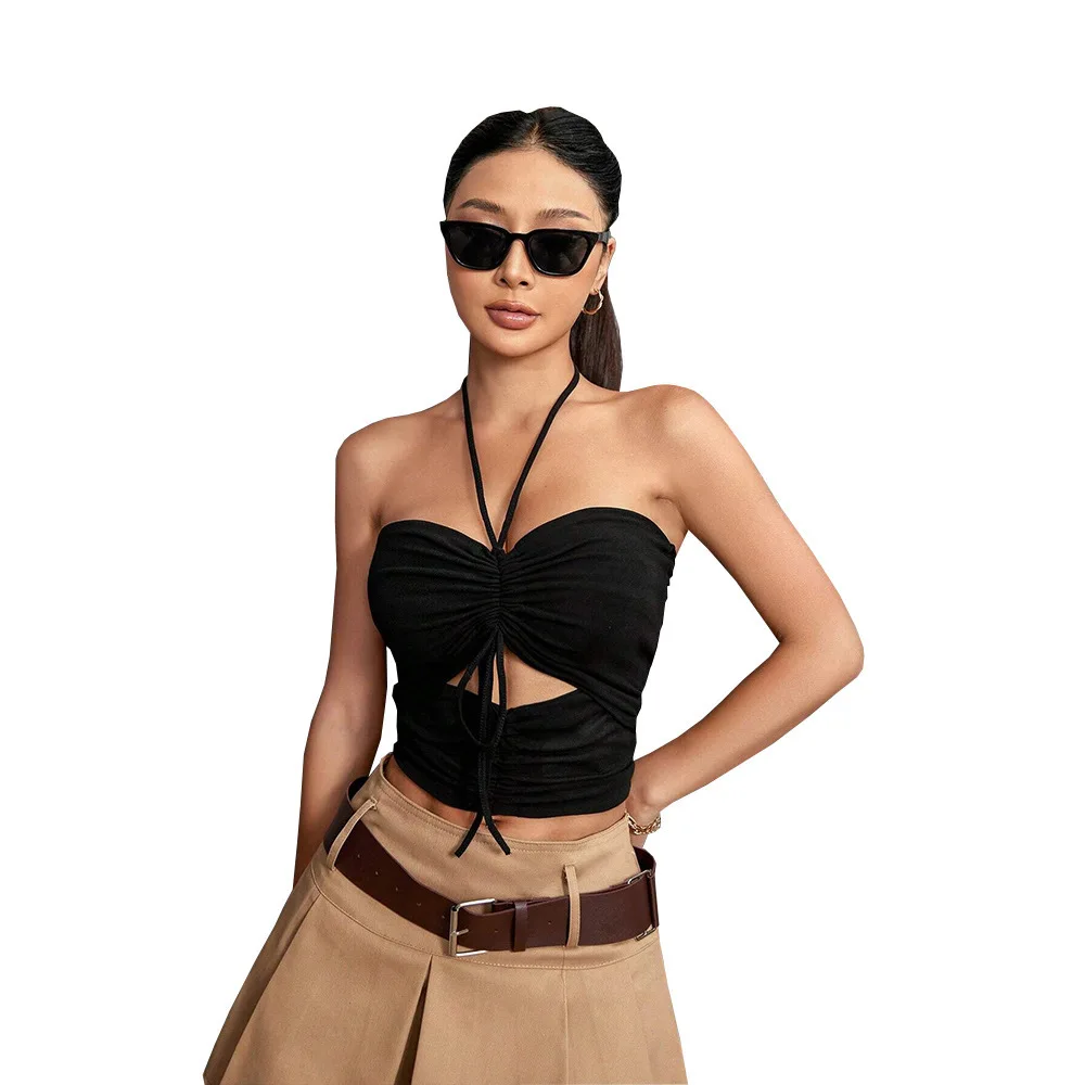 Summer New Sle Women's Pure Color Belted Crop Top Bal Slim Fit Strap Vest Tops Faionable Knot Design ort Length