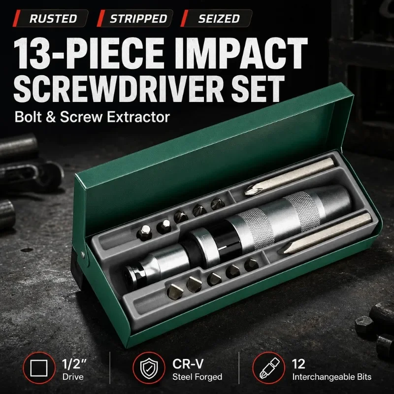 13pcs Impact Screwdriver Set Broken Screw Extractor Kit Heavy Duty Impact Driver for Rusted Damaged Screws Removal Hand Tool