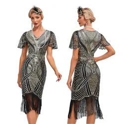 Women’s Flapper Dresses Set 1920s V Neck Beaded Fringed Great Gatsby Dress Semi-Sheer Lace Sleeve Lady Cocktail Party Dress