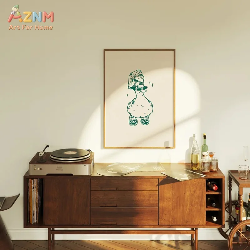 AZNM Beige Background Cool Duck Canvas Wall Art Green Line Drawing Duck With Shower Cap Sunglasses Slippers Funny Minimalist Pri