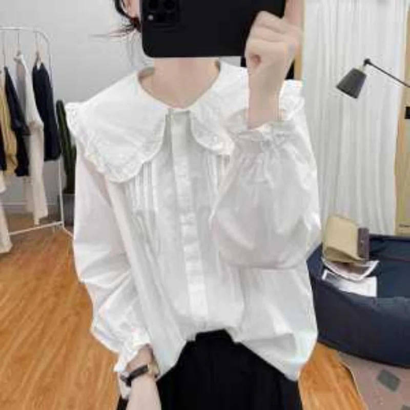 الخريف لوتس ليف كم القطن الخالص دمية طوق قميص طويل الأكمام المرأة أعلى 2025 قاعدة الرجعية #2