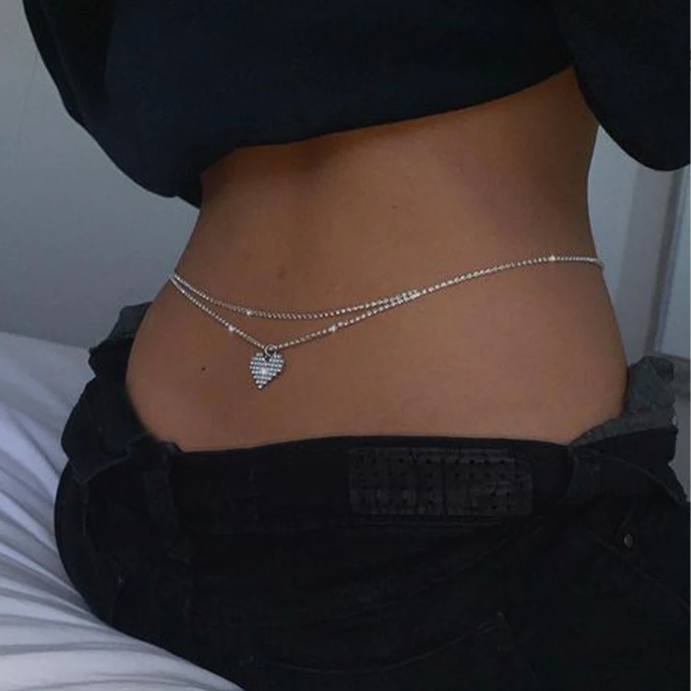 Sexy Rhinestone Heart Waist Chain Belt Bikinis Jewelry for Women Summer Beach Double Row Crystal Belly Chain Body Accessories