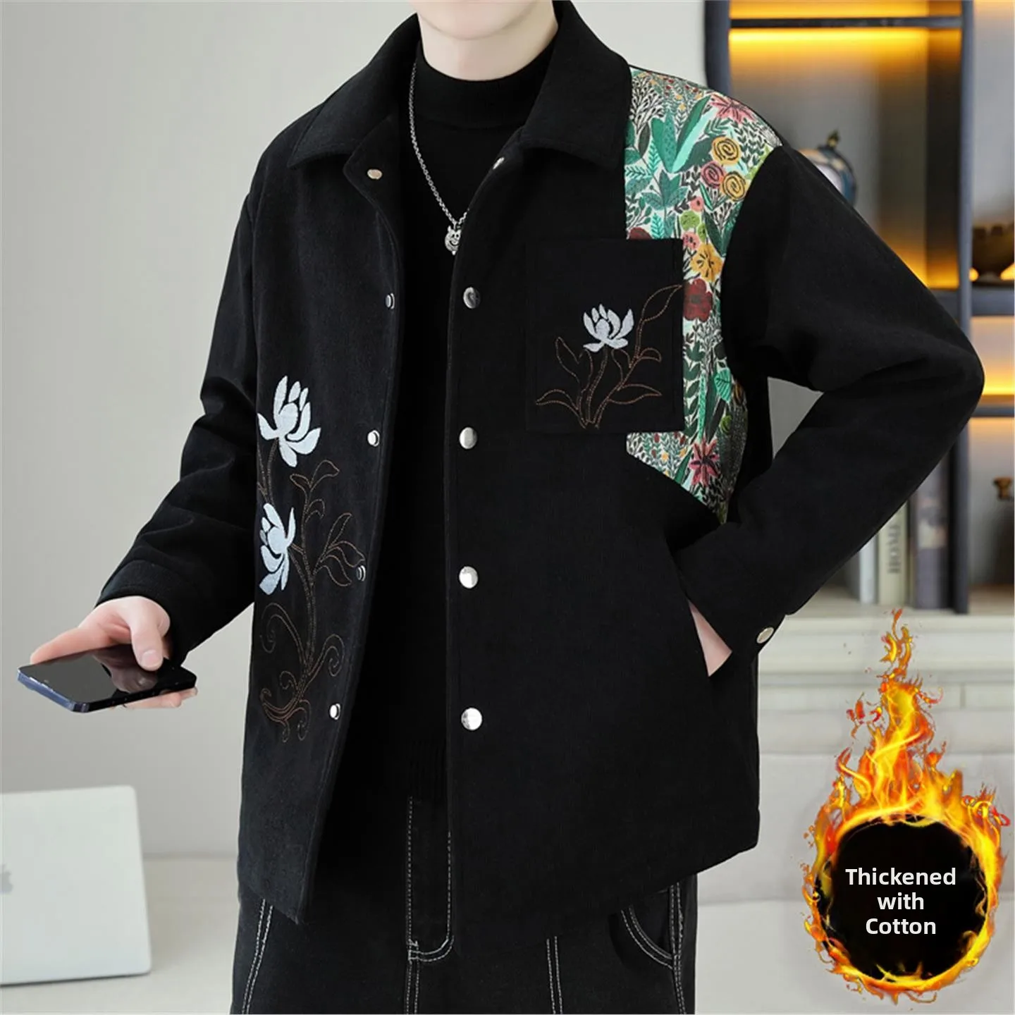 

New Chinese Sle Men's Jaet Autumn Winter Thiened Cotton Embroidered irt Sle Coat Young Warm Retro Youth Faion