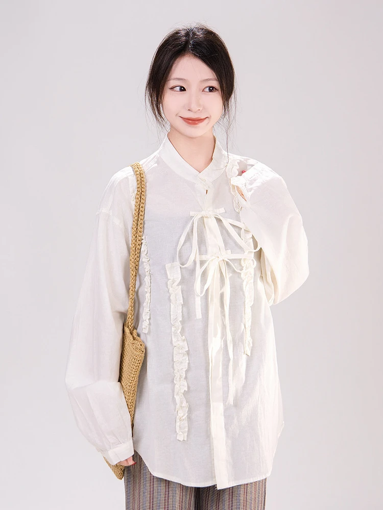 

Artistic Style Cotton Linen Shirt Women's Loose Fit Button Detail round Neck Tie Waist Medium Length Spring Shirt
