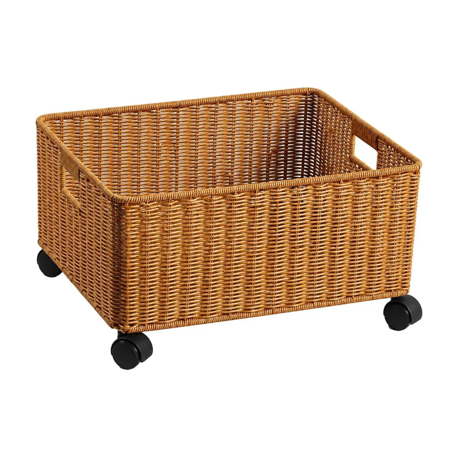 Handwoven Plastic Storage Basket with Casters Rolling Laundry Organizer Basket for Home Bathroom Use