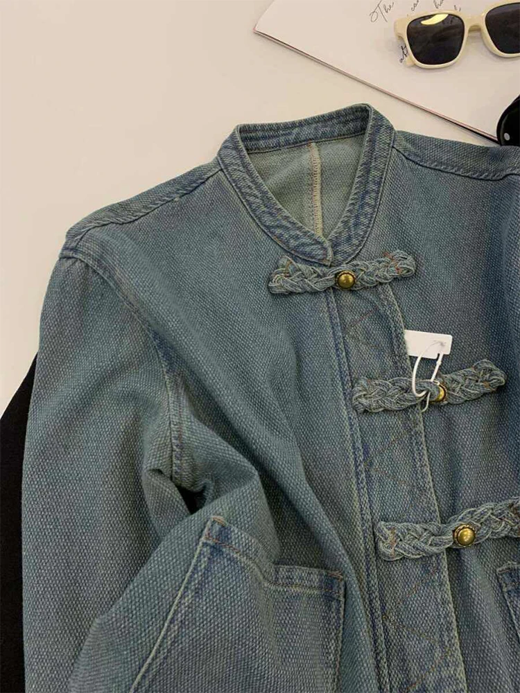 Women Blue Denim Jacket Long Sleeve Jean Jacket with Pockets Harajuku Korean Vintage 2000s Oversize Outerwear Top 2000s Clothes