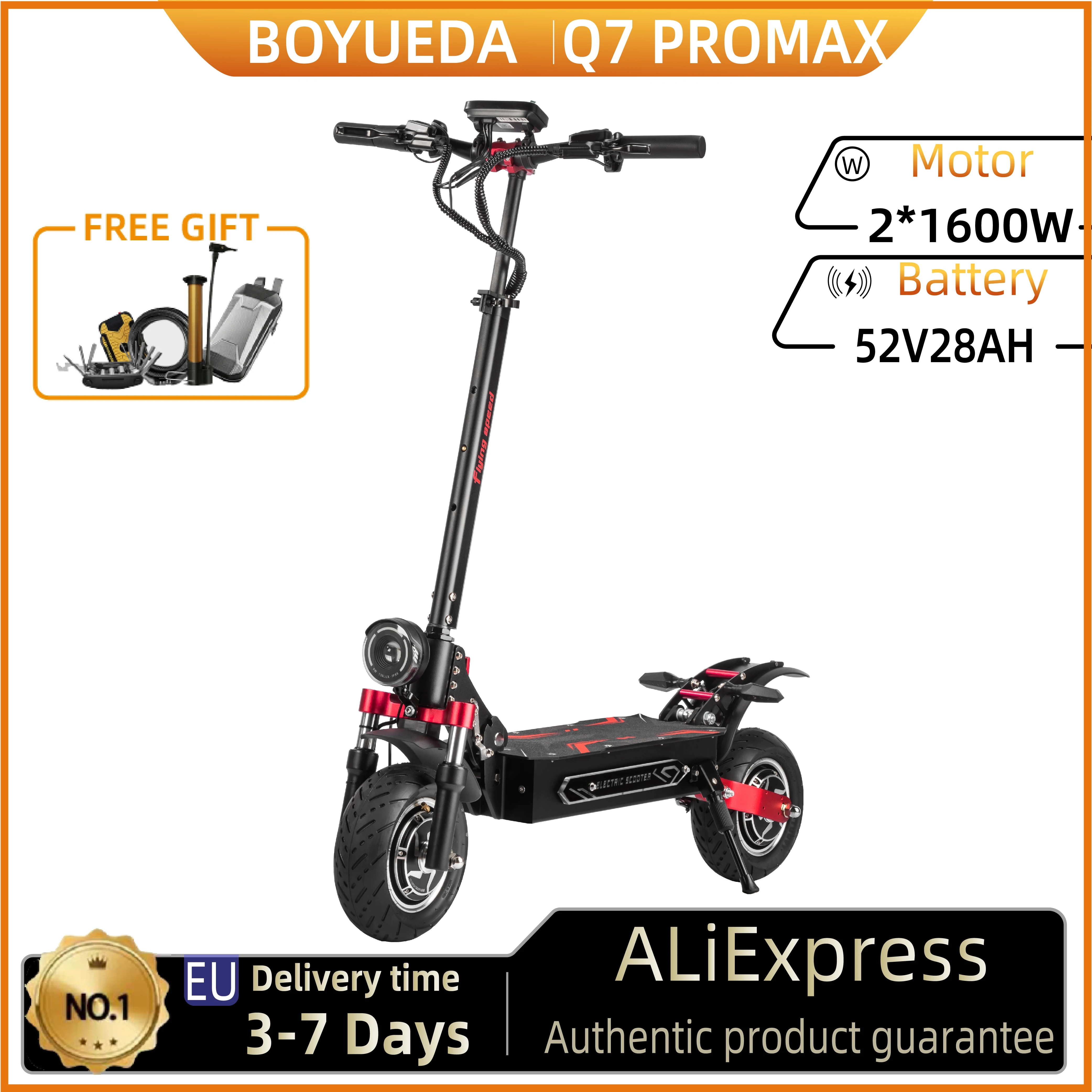 Trottinette électrique BOYUEDA Q7Pro Max, 1600W*2 moteur double, batterie 52V28AH, contrôle par application activé par NFC, pneus silencieux, trottinette électrique