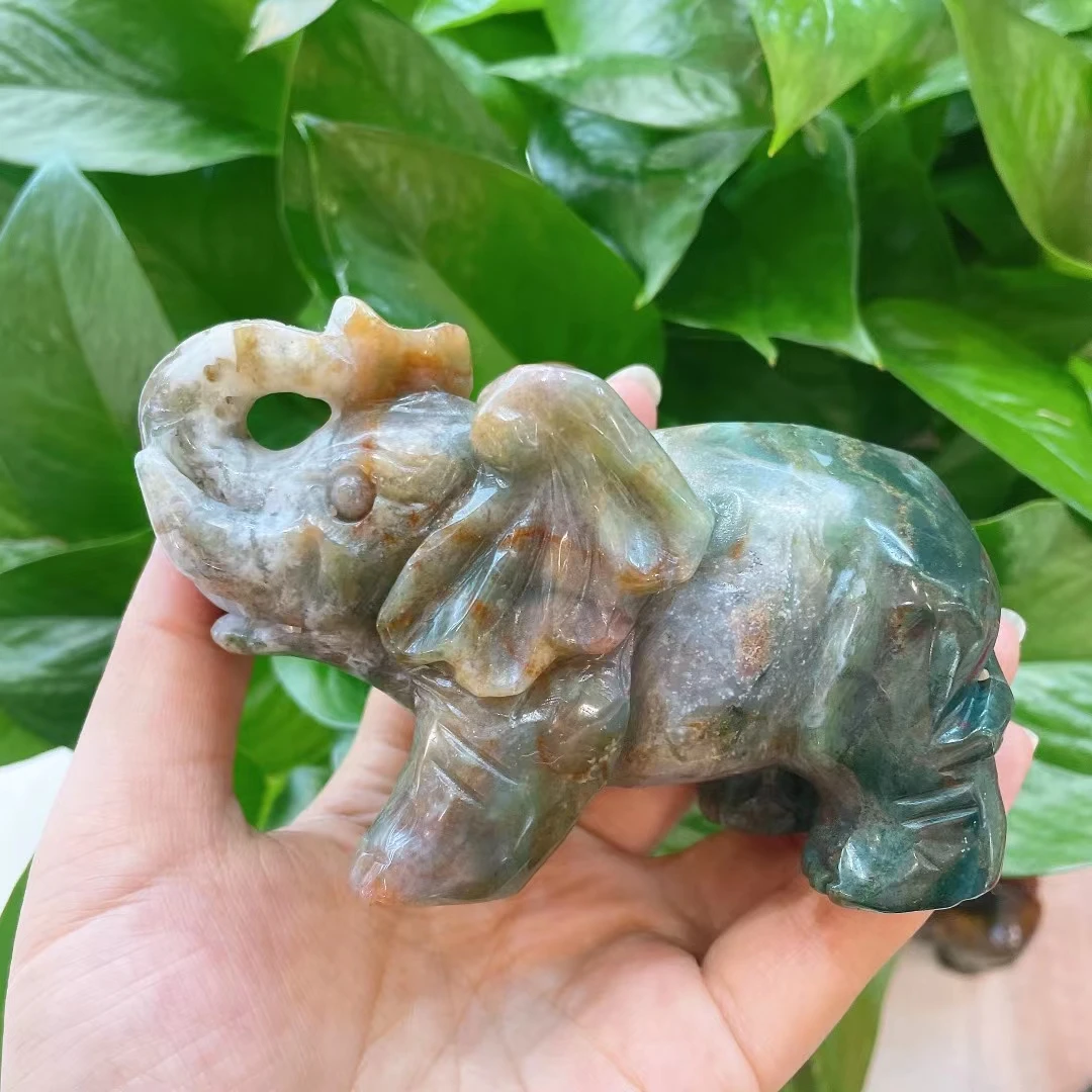 

120mm Natural Stone Ocean Jasper Handmade Carved Elephant Carving Animal Statue Crystal Craft Gift Home Decoration Ornament 1pcs