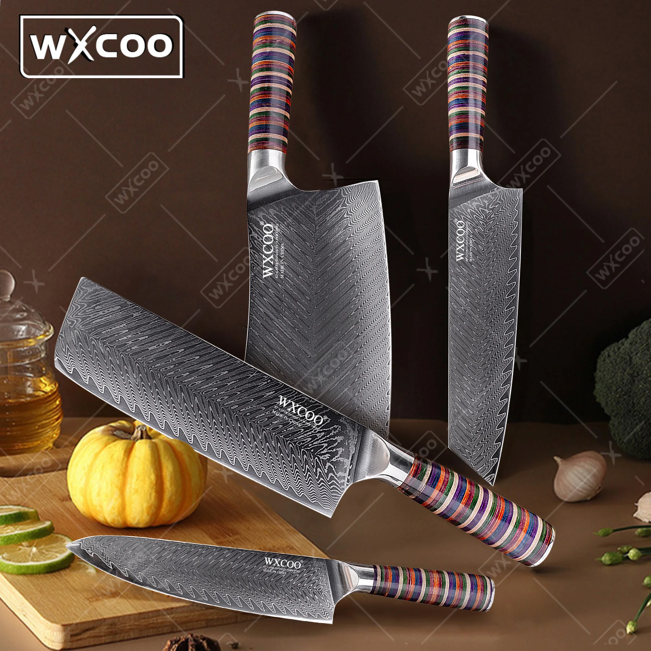 

WXCOO Kitchen Knife Damascus Steel Chef Knife 1-4PCS Laser Texture Kitchen Knives Multifunction Professional Kitchen Accessories