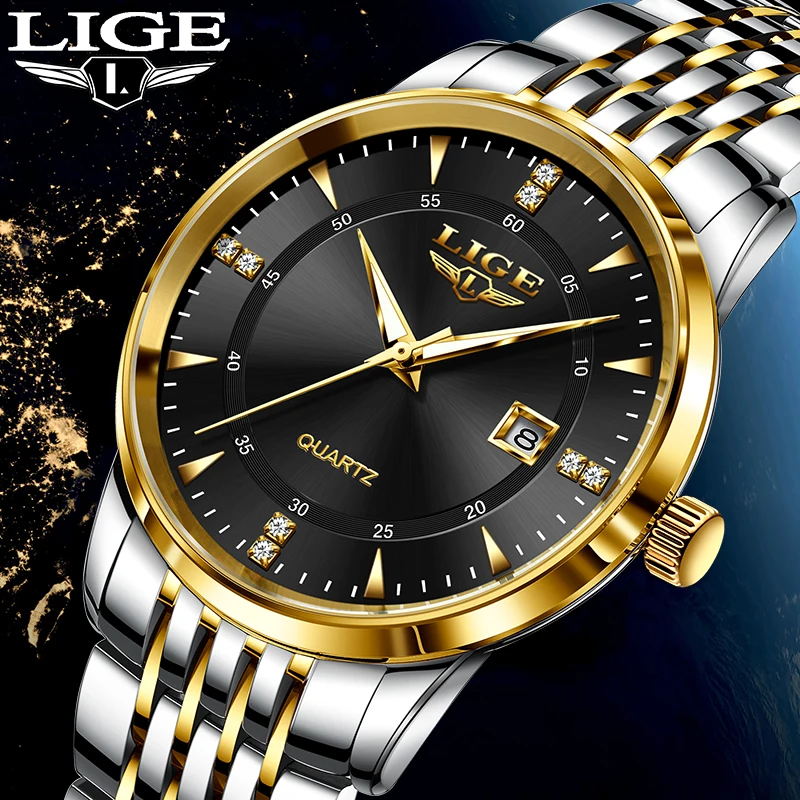 LIGE Simple Fashion Quartz Man Watch High-end Luxury Stainless Steel Band Casual Sport Business Men\'s Watches Diamond Date Clock