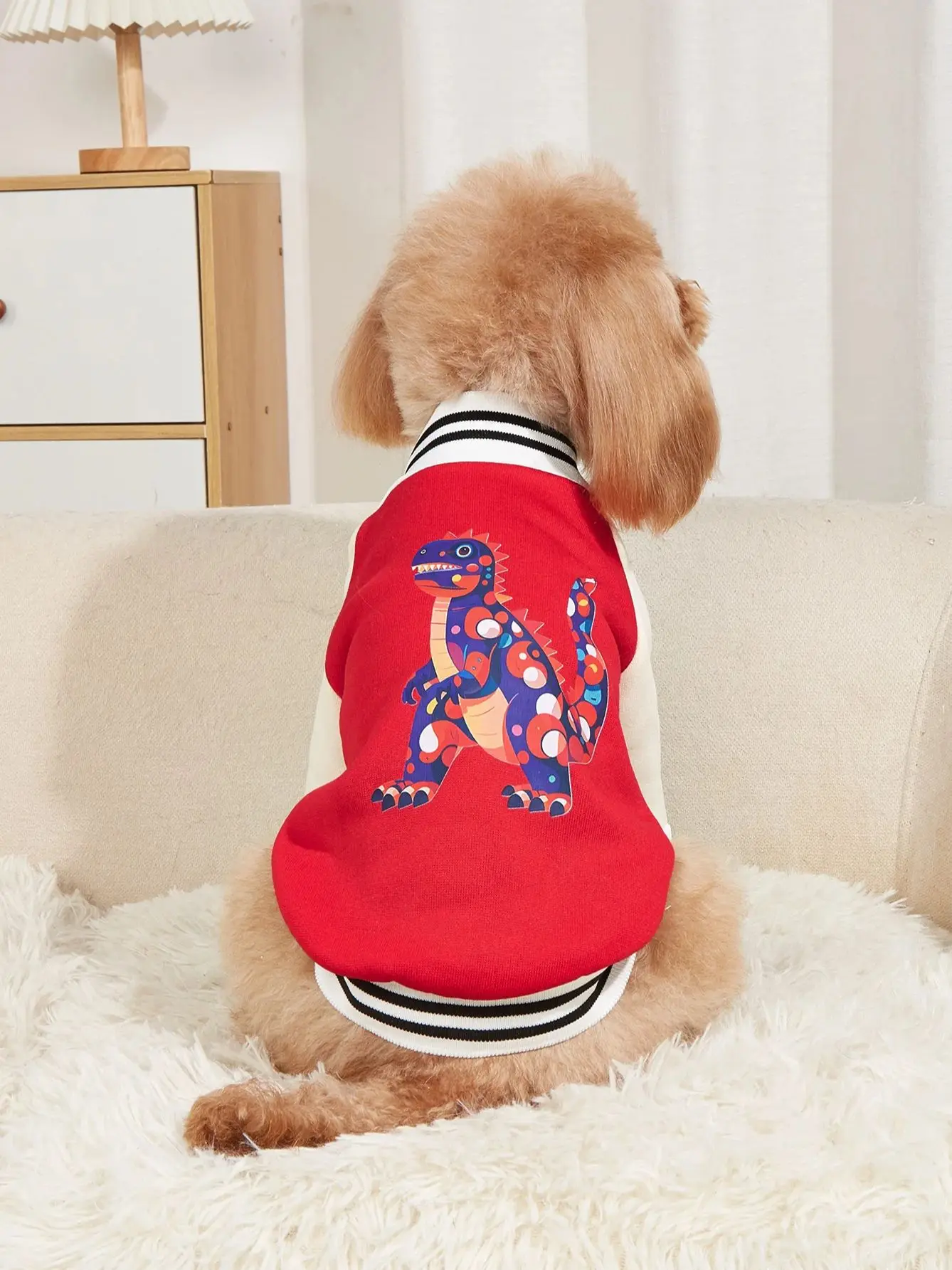 Pet clothes dog cat jacket warm and comfortable clothes with dinosaur print red apricot stitching new style