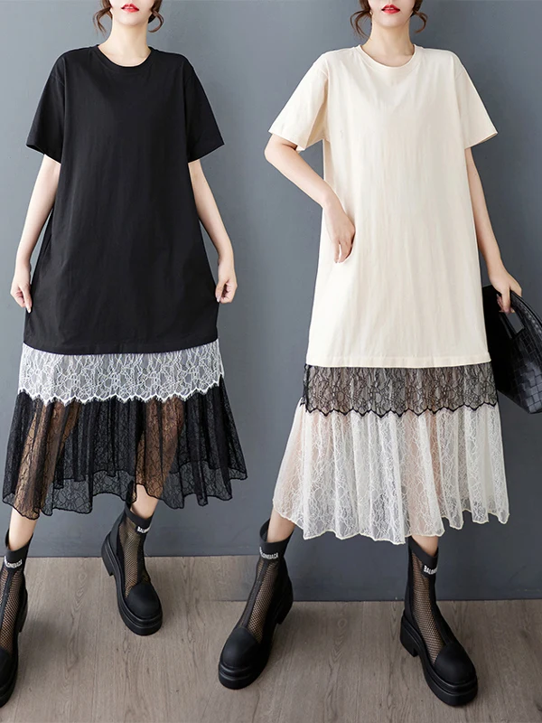 Tannt femmes robe dentelle maille Patchwork mode t-shirt robes pour femmes 2025 nouvel été ample longues robes décontractées couleur correspondant
