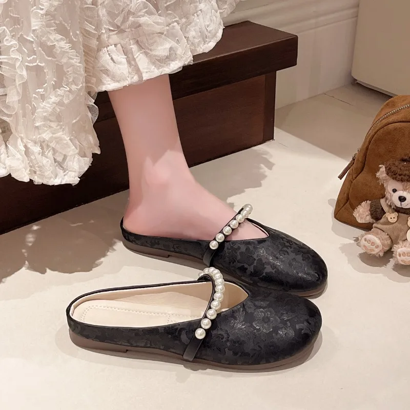 Ladies Jacquard Pearl Strap Mule Flats Round Toe Slip on Backless Chinese Style Daily Wedding Elegant Casual Slippers