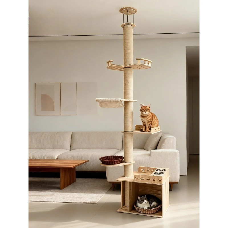 Multi-Level Cat Tree with Condo, Scratching Posts & Toys, Solid Wood Compact Design for Small Spaces