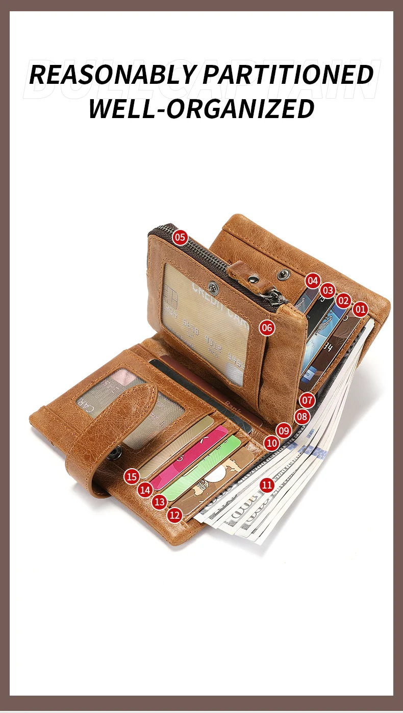 BULLCAPTAIN Echtleder Herren-Geldbörse RFID-Blockierung Vintage Bifold Kurze Geldbörse Rindsleder Kreditkartenhalter mit Münzfach – Detail 9