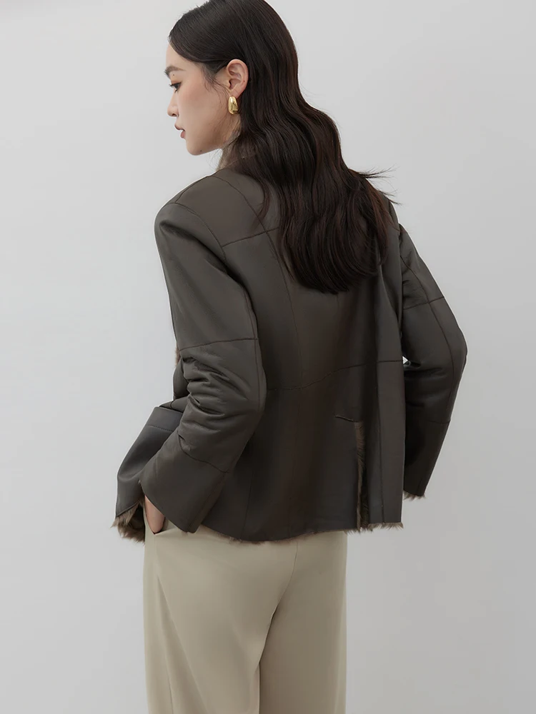 Vestes de luxe en cuir d'agneau véritable pour femmes, haut de gamme, Simple, Double face, Design, col en v, manteau d'hiver en vraie fourrure avec ceinture