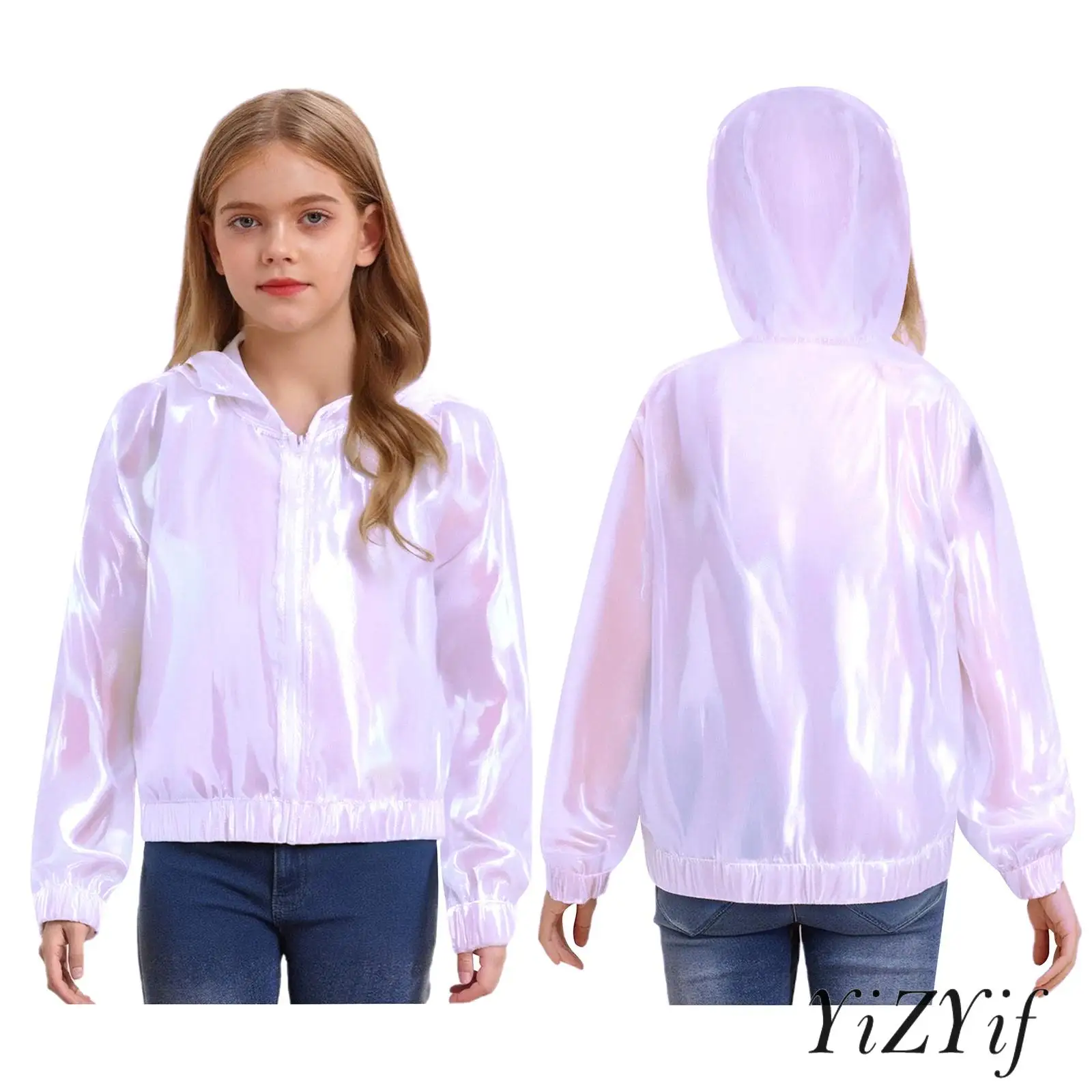 

Kids Girls Shimmery See-Through Jacket Outwear Light Long Sleeve Zipper Hooded Coat Sun Protective Clothing Stylish Streetwear