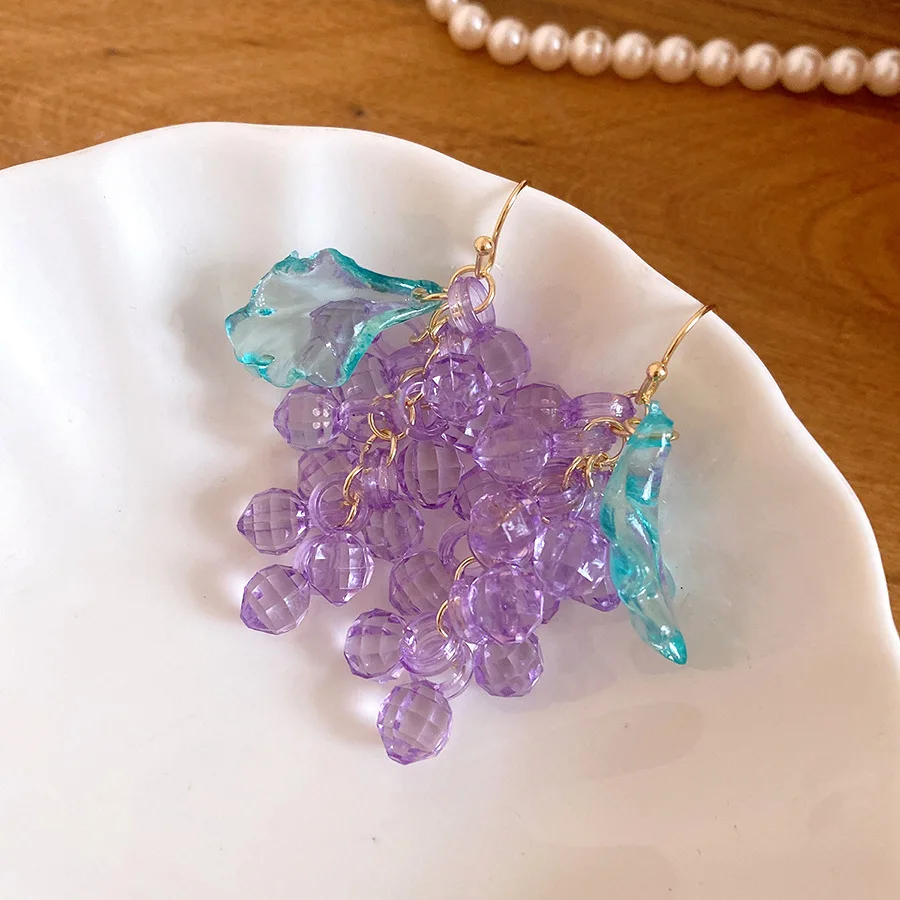 Transparent Multifaceted Purple Acrylic Beaded Cluster Dangle Earrings Blue Leaf Grape Shaped Tassel Ear Hooks Women Jewelry K
