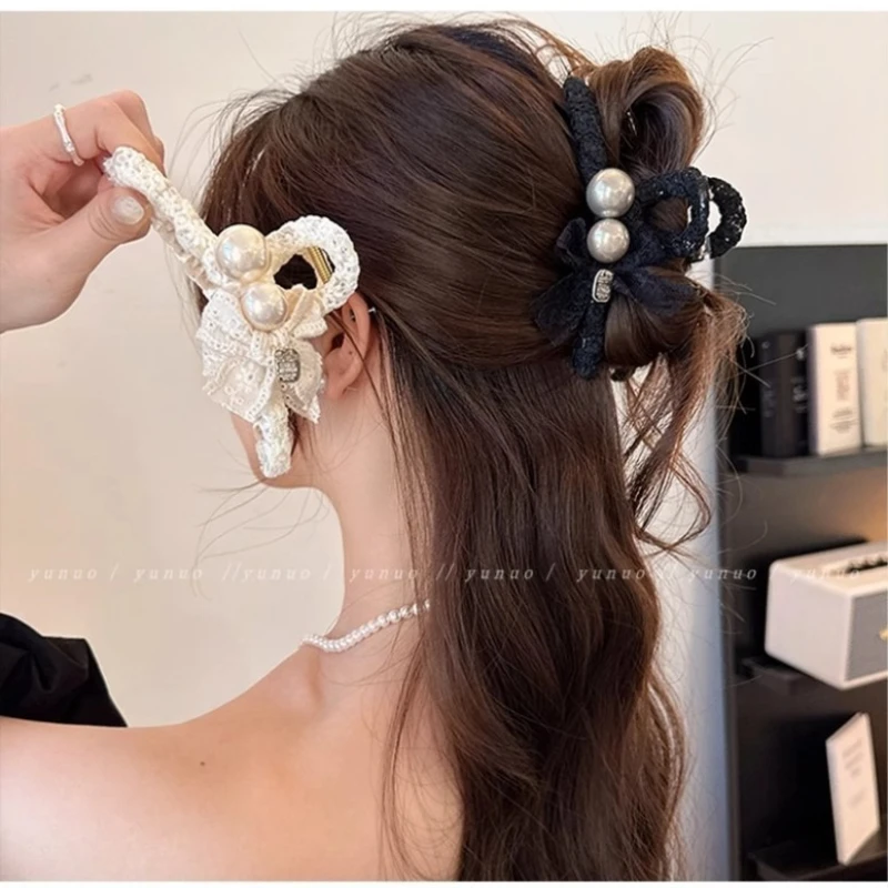 

Элегантная большая заколка для волос с кружевом и жемчугом для женщин, новый стиль, высококачественная заколка-краб для затылка
