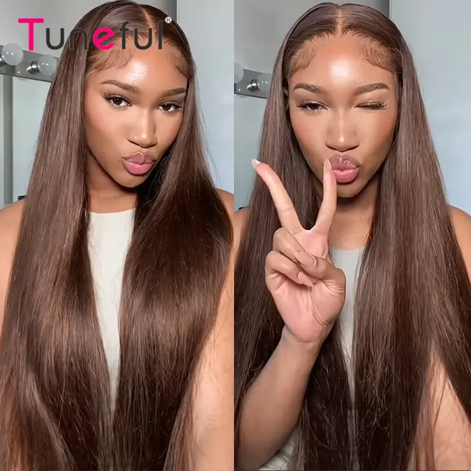 Tuneful Chocolate Brown Colored HD Lace Front Human Hair Wigs Brazilian Straight Human Hair Wigs Transparent Lace Frontal Wigs