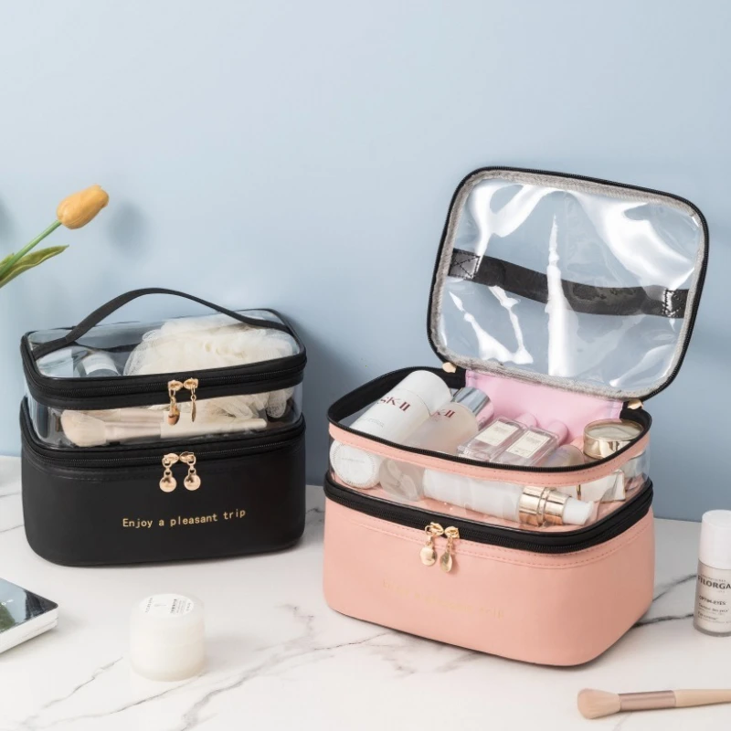 Portable Cosmetic Bag Large Capacity Washing Bag Double Transparent PU Makeup Bag Waterproof Travel Toiletry Bag Storage Bag