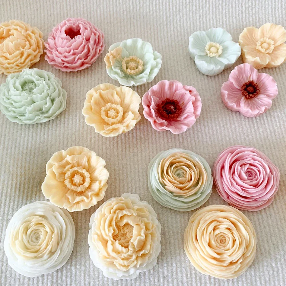 Multi Style Stack Rose Flower Scented Candle Moulds Peony Soap Silicone Molds DIY Gypsum Gifts for Mom Corn Poppy Wedding Decor