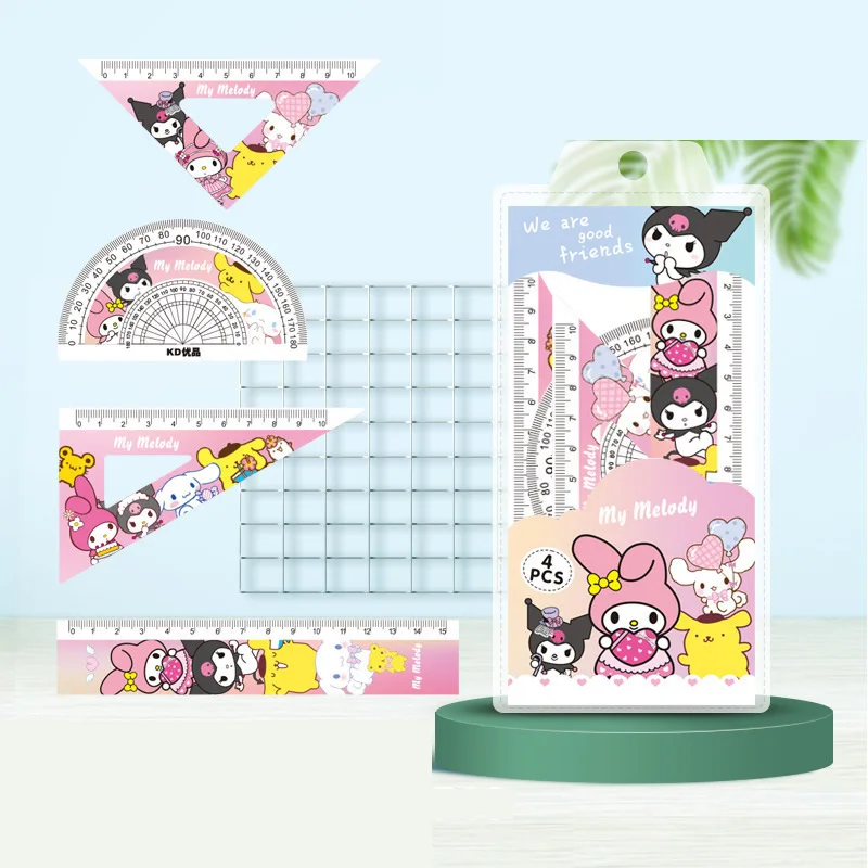 Sanrio Ruler 4-Piece Set Kawaii My Melody Cartoon Kuromi Triangular Plate Protractor Measuring Ruler Stationery Set Student Gift