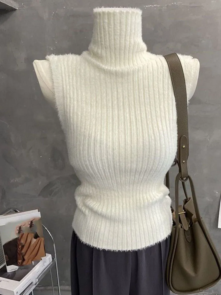 

Водолазка без рукавов, жилет, свитер для женщин, однотонные приталенные майки, мягкие модные корейские футболки, вязаные майки, топы 2025 Ropa Mujer