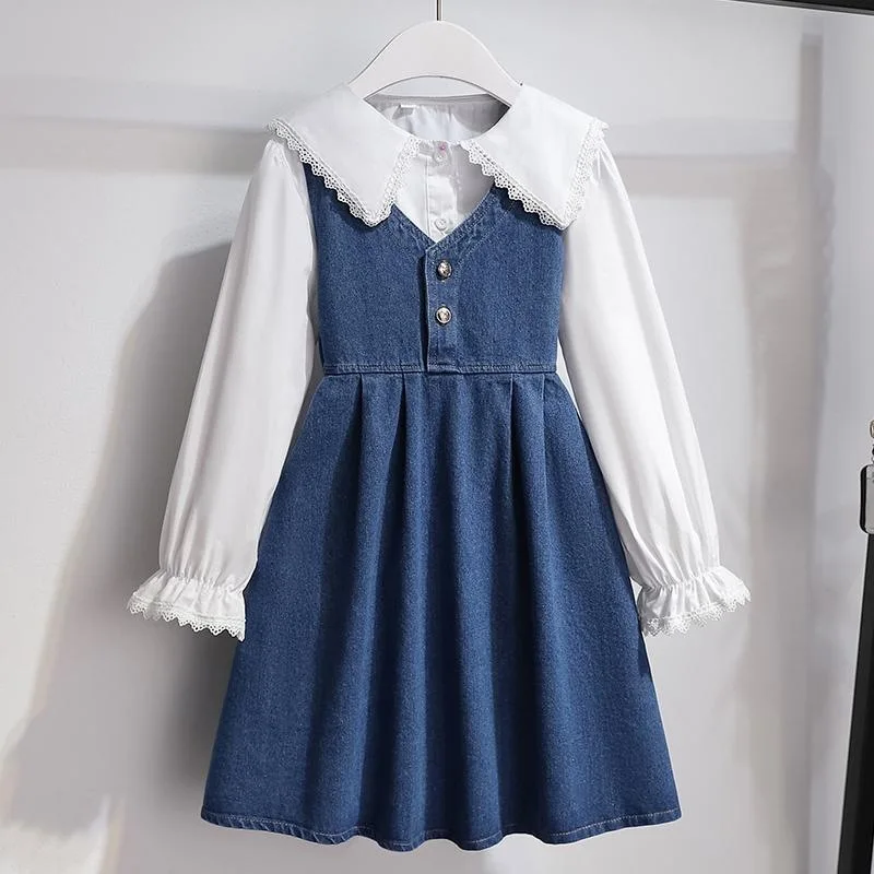 Girls' denim suit skirt, new spring/autumn collection2026Shirt dress two-piece set, fashionable and stylish princess dress