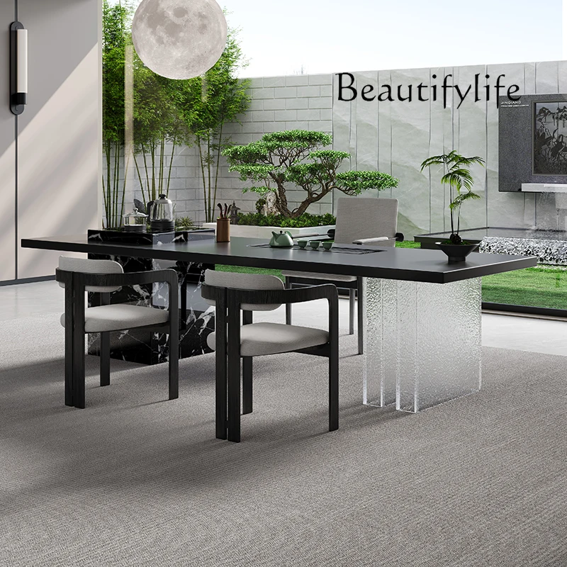 

Italian minimalist rock slab tea table and chair combination villa living room designer creative art tea table light luxury mode