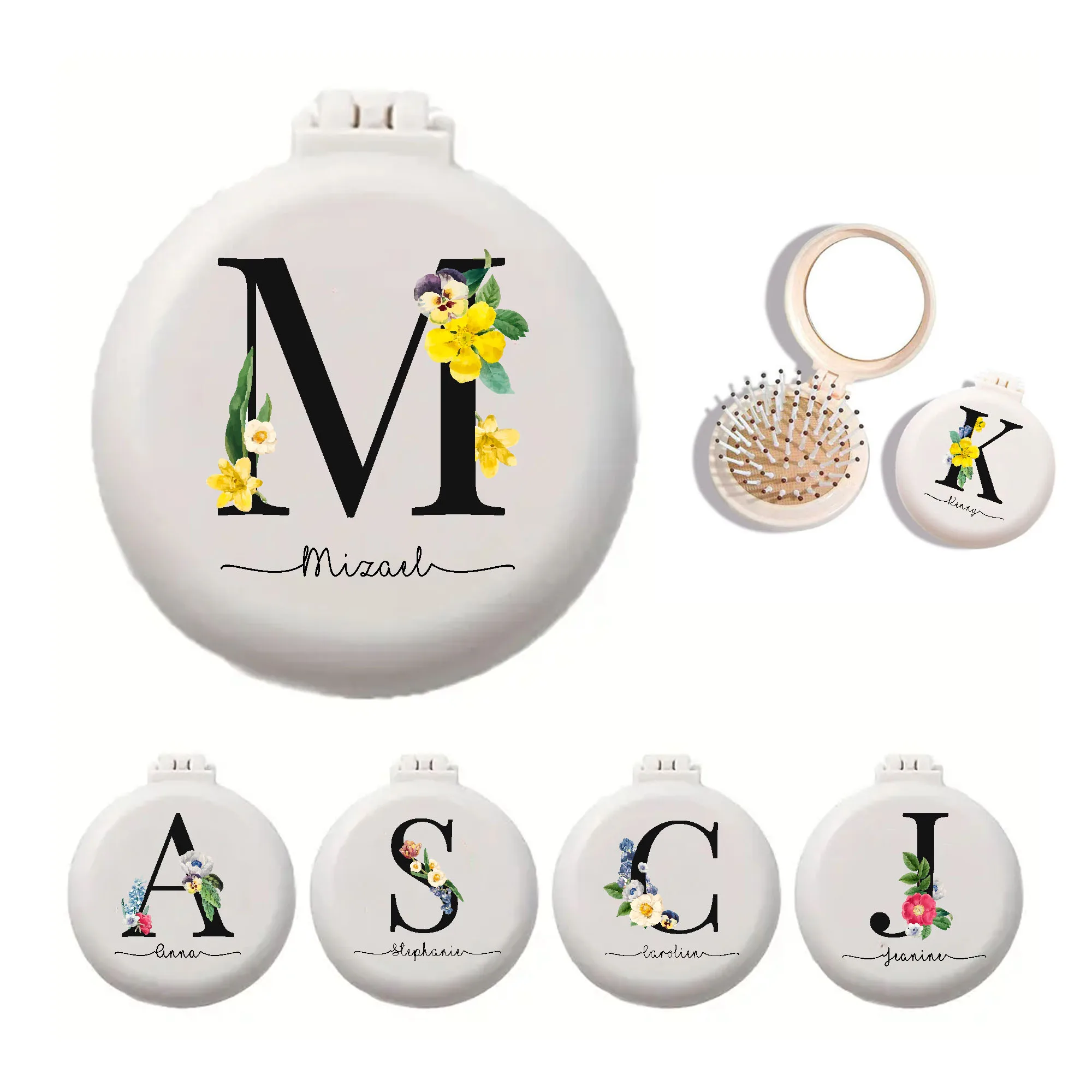 Personalisieren Sie den 26 Buchstaben-Hochzeits-Exklusiv-Blumen-Minikamm mit Spiegel, praktischer Mini-Luftkissenkamm für Mädchen, zusammenklappbarer Airbag-Kamm