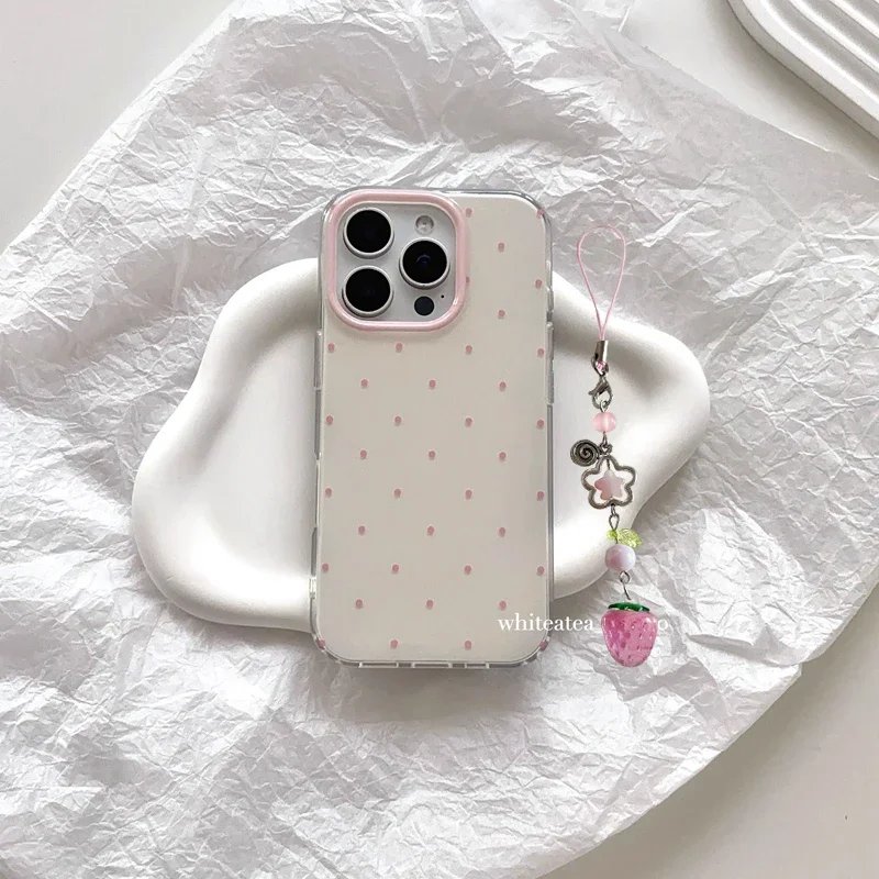 Korean Ins Minimalist Cute Cream White Pink Polka Dots Phone Case For iPhone 17 16 15 14 13 12 11 Pro MAX Plus 17air 16e Cover
