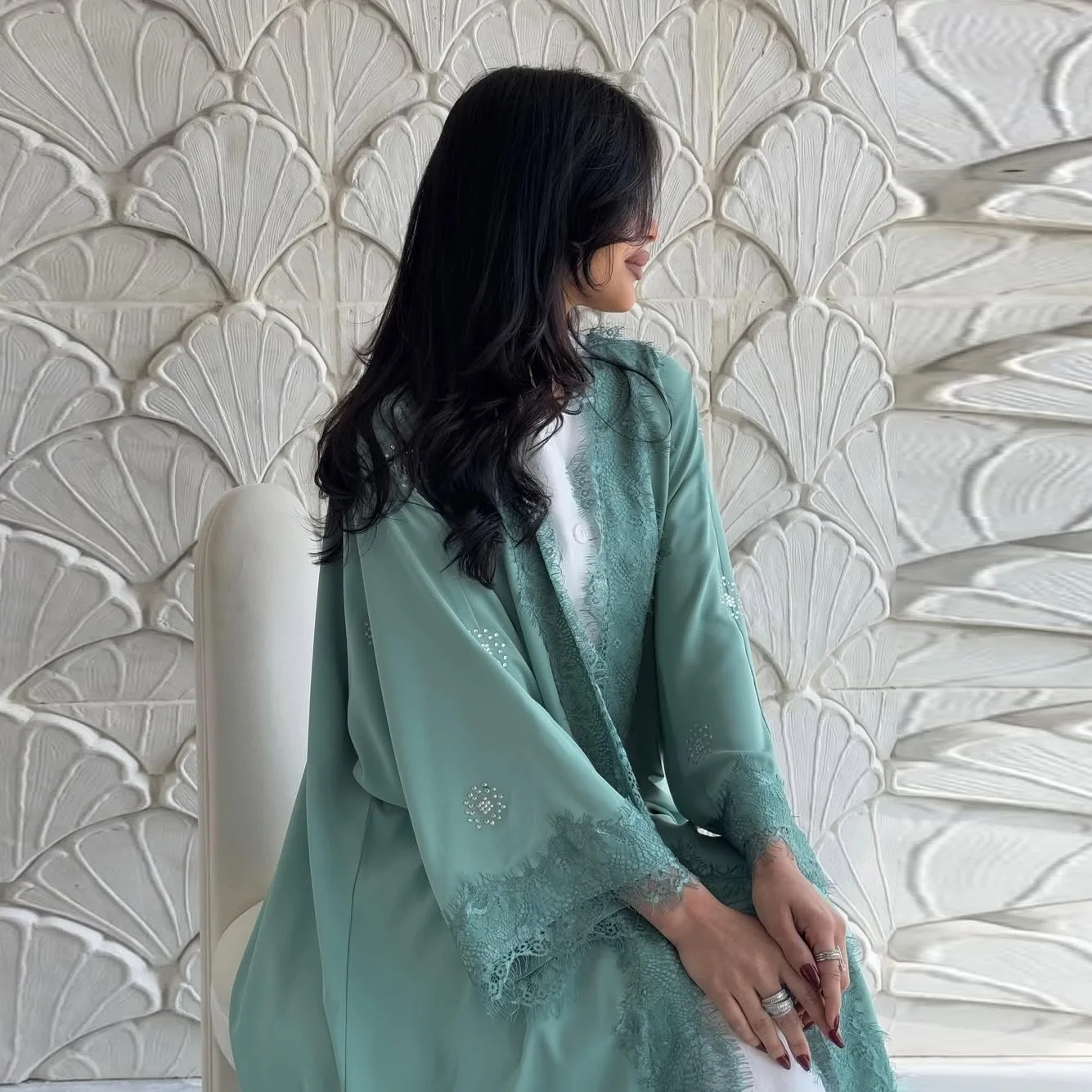 

Modest Muslim Kimono Cardigan Women Long Robe Caftan Marocain Femme Lace Abaya Dubai Kaftan Kebaya Islam Jalabiya Djellaba Dress