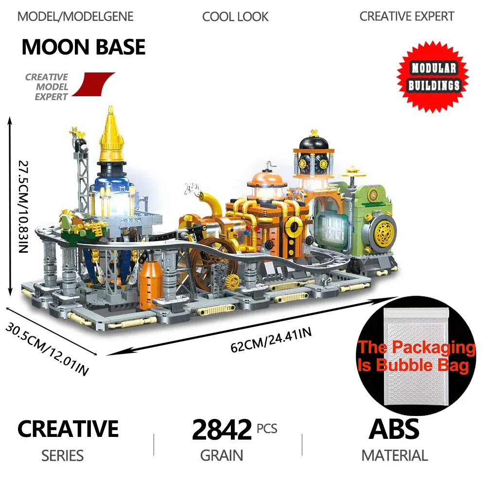 สตีมพังค์มูนเบสบล็อกอาคารชุดการบินและอวกาศโมดูลาร์สถาปัตยกรรม MOC เด็กประกอบของเล่นสำหรับเทศกาลคริสต์มาสโอกาส
