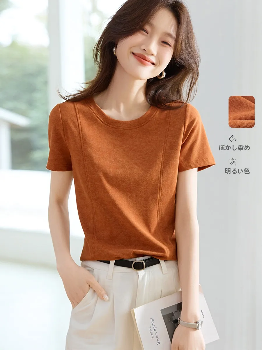 

Casual round Neck Short Sleeve Knitted Shirt Short Style Dyed Elastic Fiber Cotton Blend Summer New Arrival Ladies Top