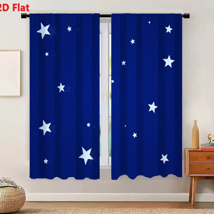 2Pcs Curtains 2D Flat Deep Blue Night Sky Background With Scattered White Stars Window Drapes for Bedroom Room Decor Decoration