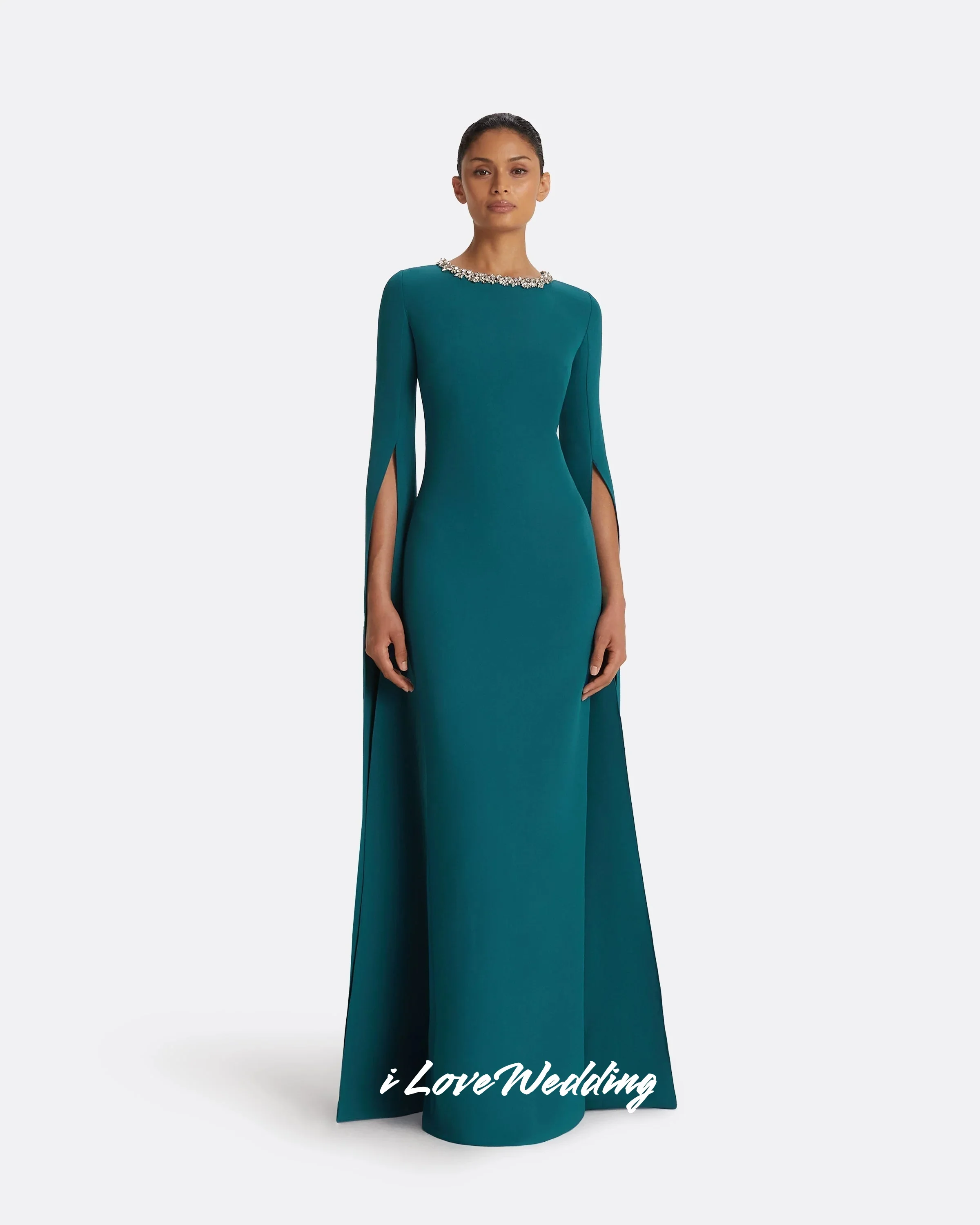 

Lake Blue O-Neck Evening Dress 2025 Satin Long Sleeve Crystal A-Line Floor-Length Pleated Elegant Wedding Party Dress Customized