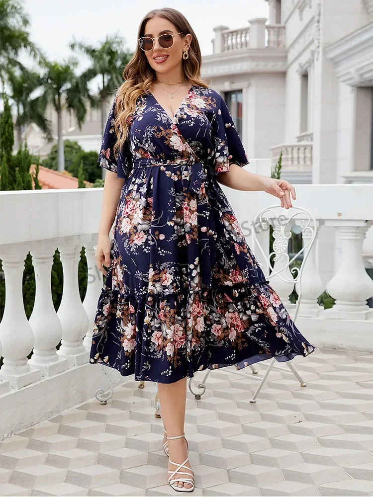 

Women's oversized dress, deep beaked blue dress, ruffled sleeves, cross straps, party casual summer robe, cocktail, work, swing,