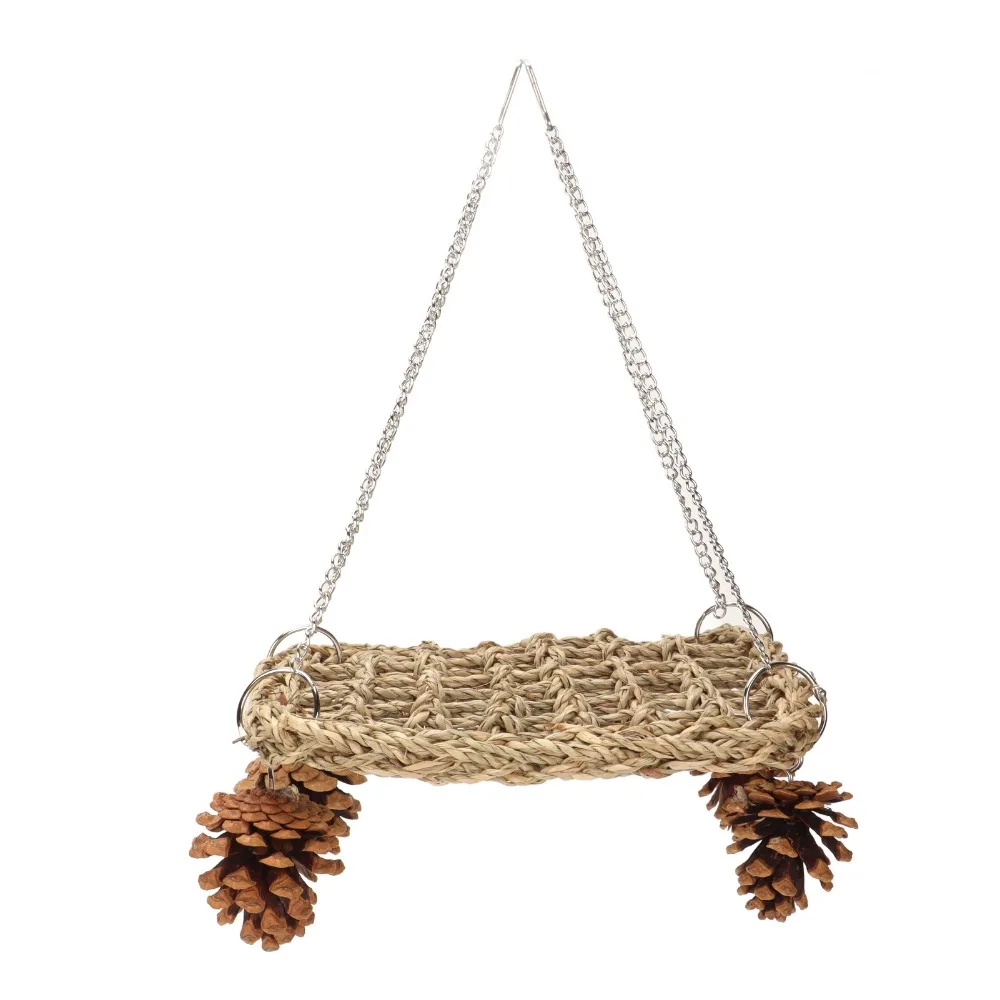 Hand Made Bird Swing Toy Hanging Design Pinecones Included Bird Foraging Toy Chewable Material Woven Texture Parrot Hammock