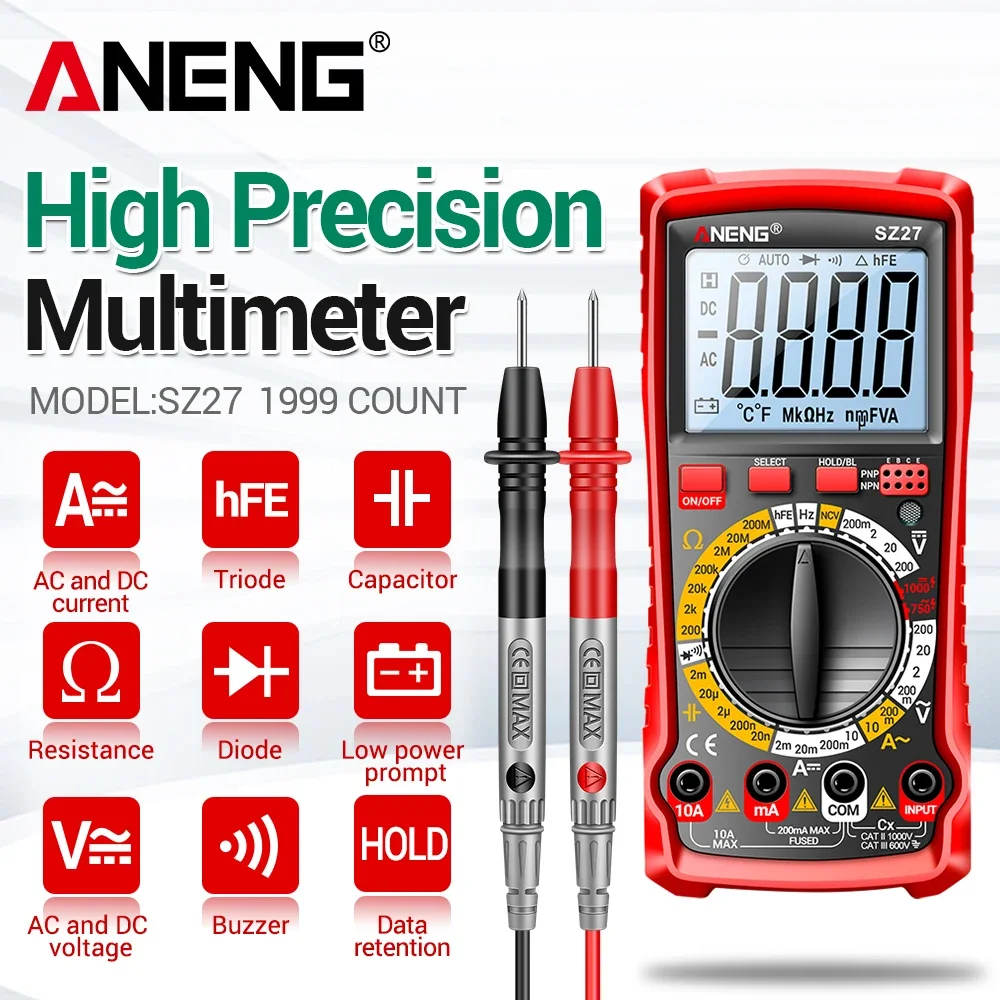 

High Precision Multimeter Digital Tester ANENG SZ27 1999 Count AC/DC Voltage Current Ohm Hz Diode NCV Capacitance Resistance Too
