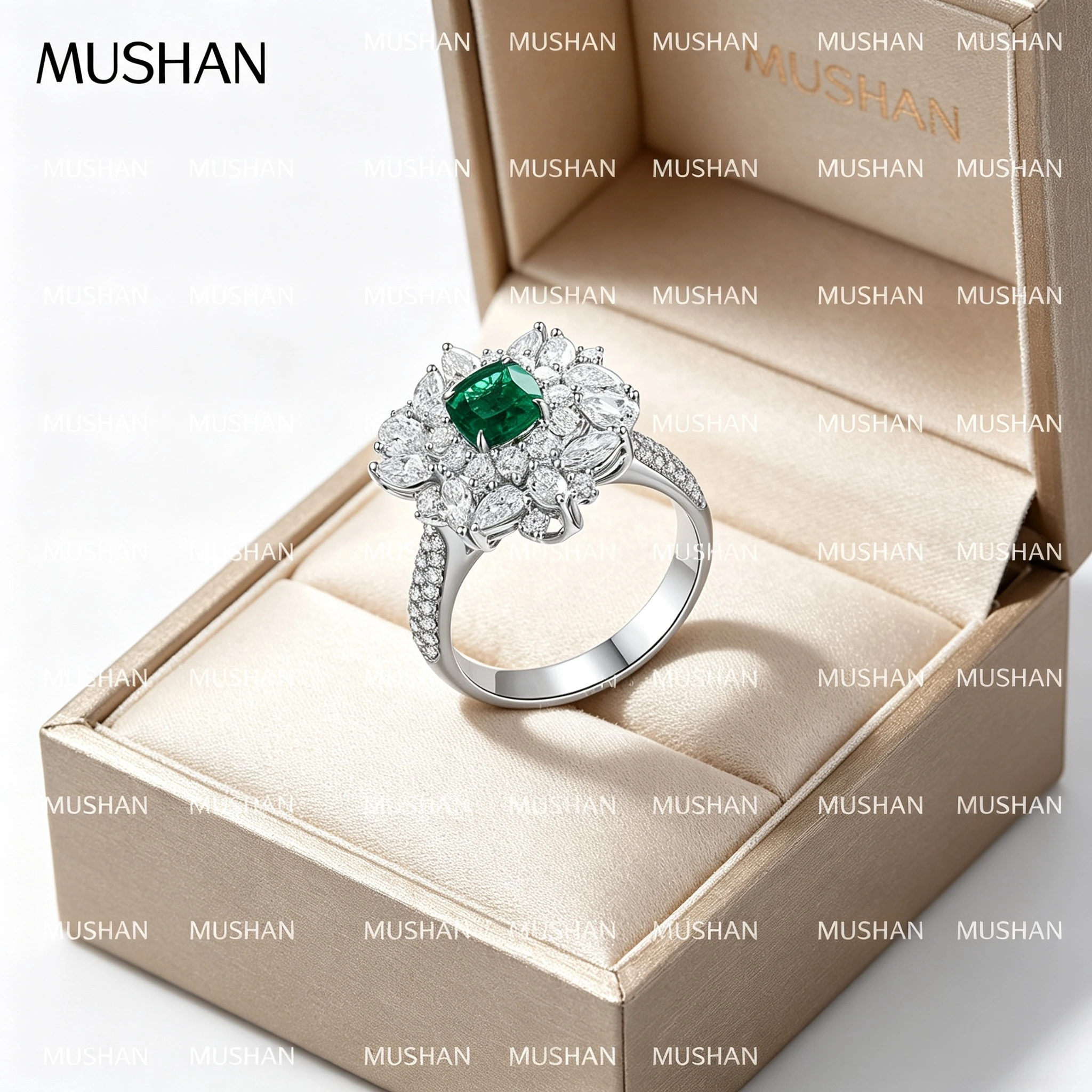 MUSHAN Custom Jewelry 925 Sterling Silver Ring Lab Green Ruby Heart Vintage Ring for Women 18K Gold Plated Anniversary Rings