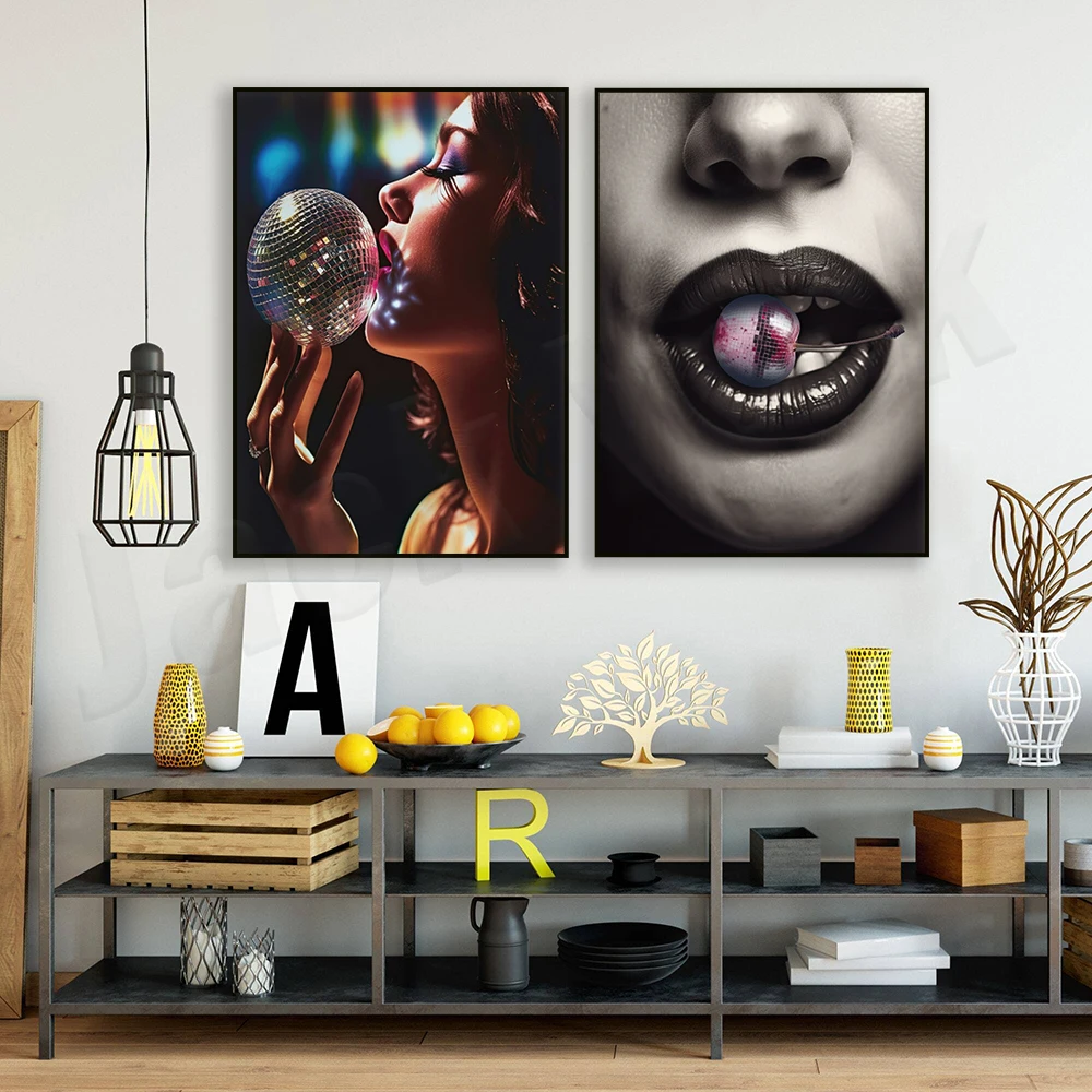 فن الكرز على شكل كرة ديسكو، كرز ديسكو أبيض وأسود، ملصق فني جداري عصري على شكل كرة ديسكو، ديكور غرفة جمالي حديث #4