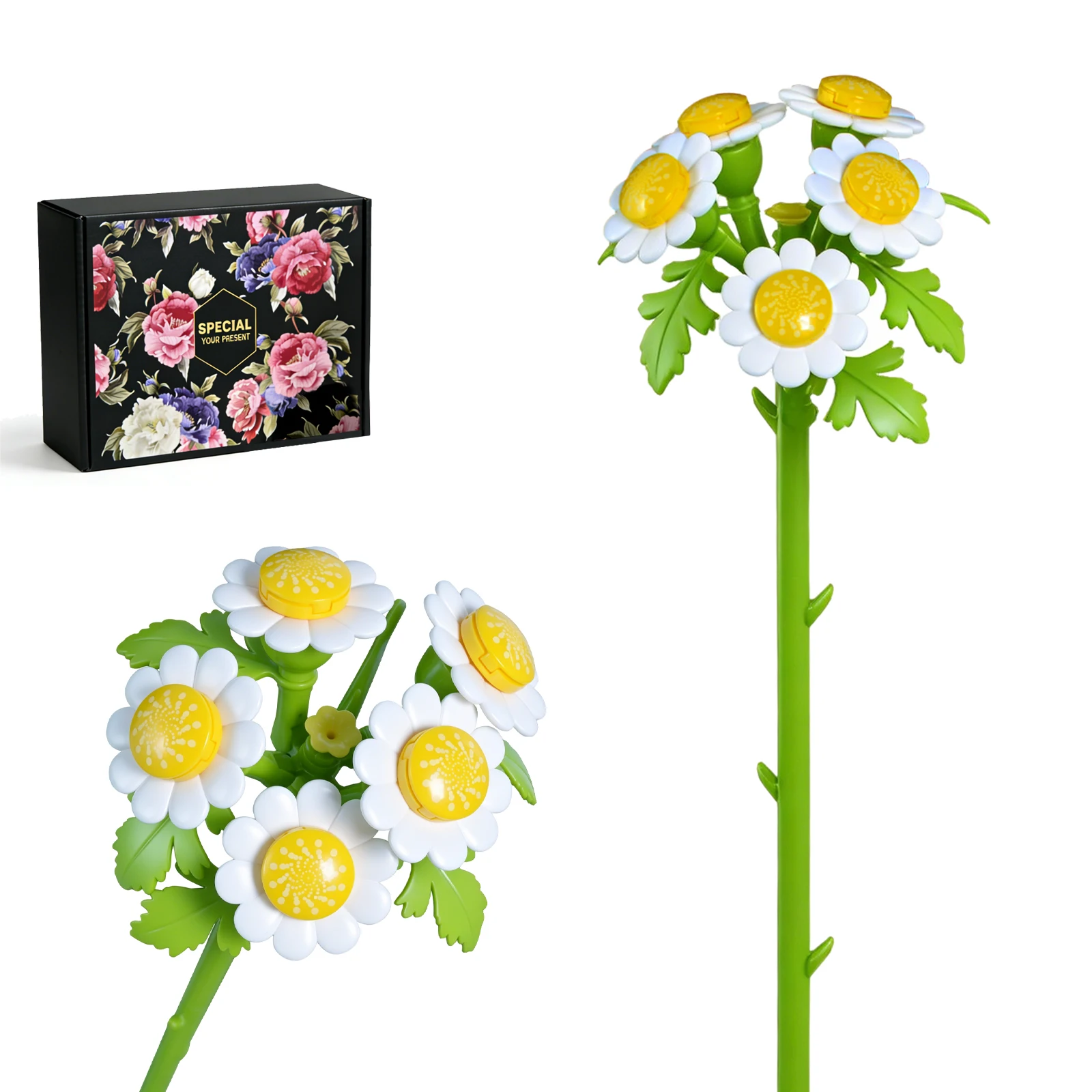 Single Chamomile Building Block Bouquet, Gradient Petal Flower Set, Perfect for Tabletop Display Home Decor（59 PCS）