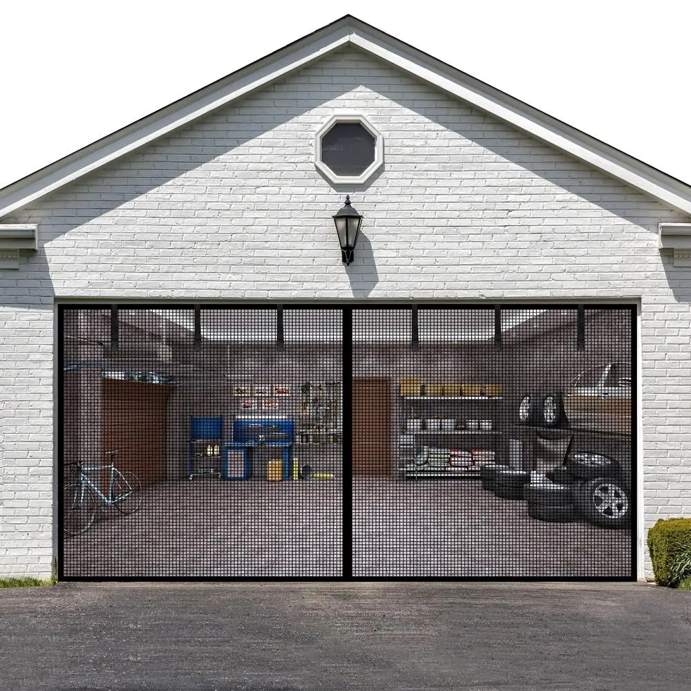 Garage Door Screen Mesh 16x7FT Strong Magnetic Closure Breathable Fiberglass Material Easy Installation 2 Car Garage Doors