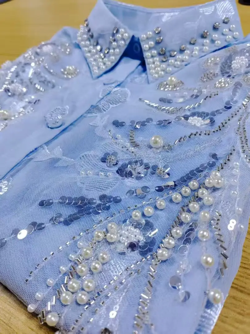 หรูหราสไตล์ Sparkle Rhinestones ผู้หญิงฤดูใบไม้ผลิฤดูร้อนหลวมเสื้อลําลองเสื้อ Oversize เสื้อนอก